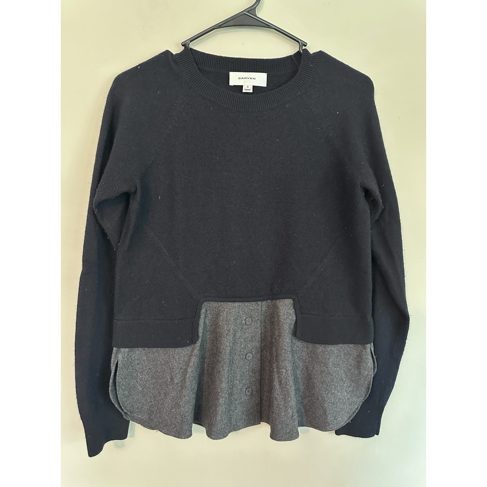 Carven 100% Wool SMALL Layered Sweater Crew Neck Navy Blue Dress Shirt Structure